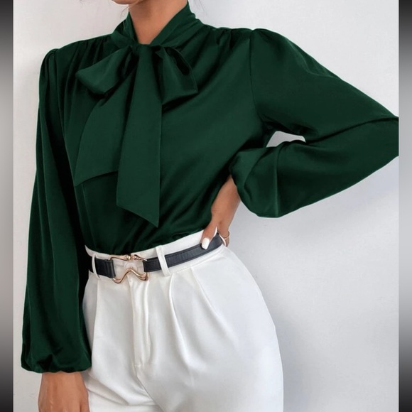 Classic Elegant Satin Tie Neck Work Office Top Blouse Shirt Green - Picture 3 of 16